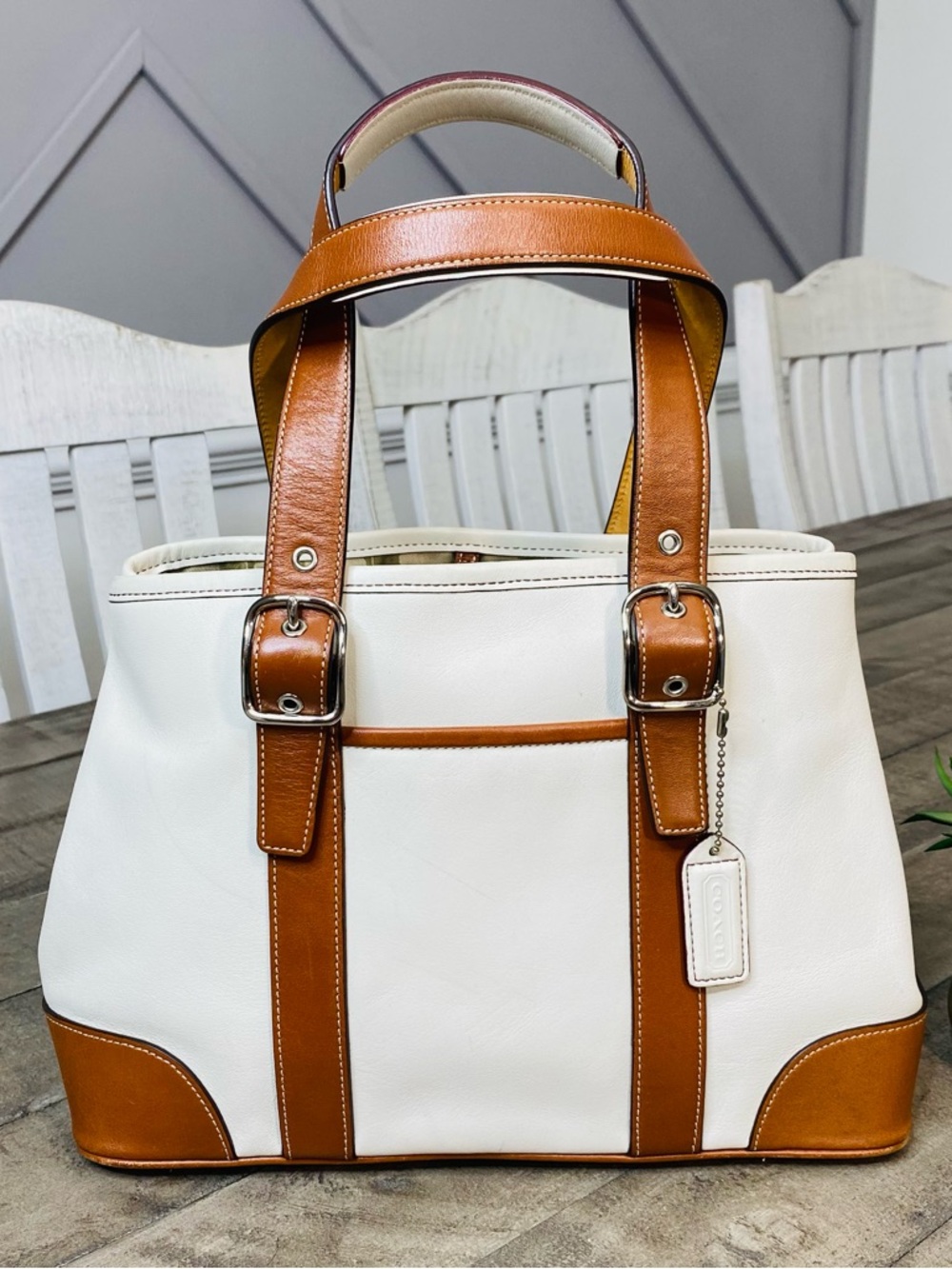 Coach Cream and Tan Leather Tote with Buckle Straps